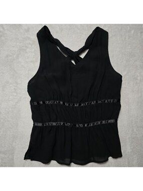 Y2k Q.U.E. Womens Black Silk Chiffon Sleeveless Twist Back Satin Trim Top 10